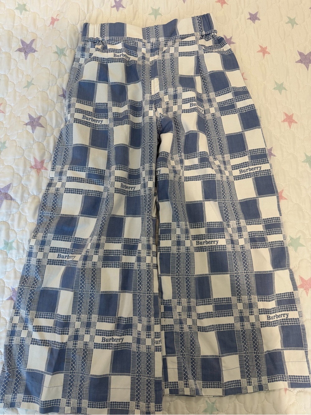 Burberry Blue and White Plaid Wide-Leg Jeans